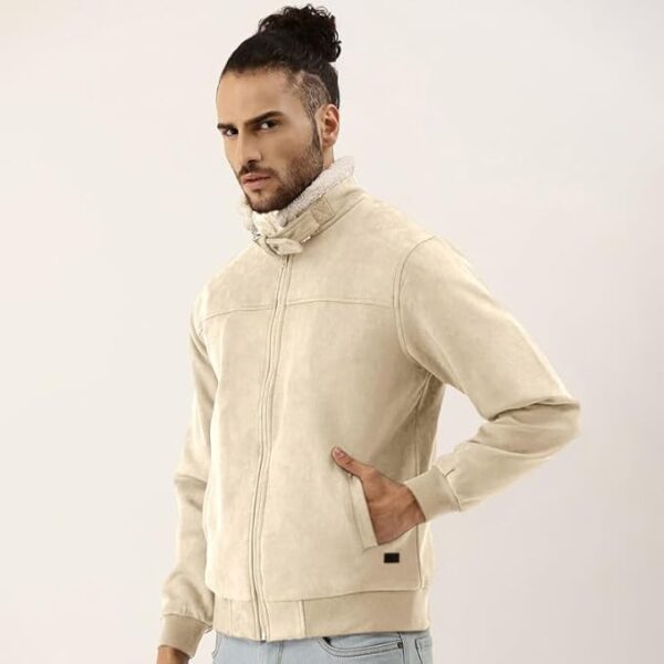 Campus Sutra Men's Front Zipper Jacket With Fleece For Casual Wear | Long Sleeve | High Neck | Zipper Closure | Suede Jacket Crafted With Comfort Fit For Everyday Wear