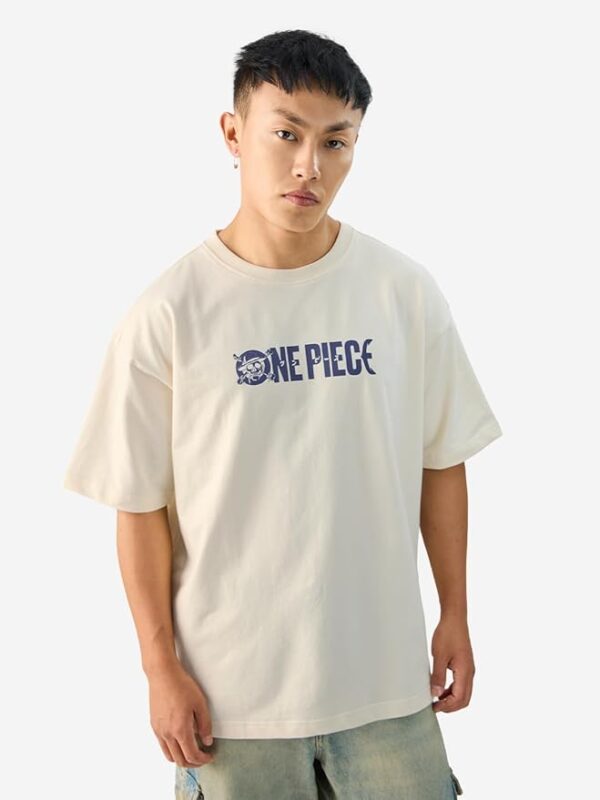 The Souled Store Official One Piece: Going Merry Men and Boys Short Sleeve Round Neck White Graphic Printed Cotton Oversized T-Shirts