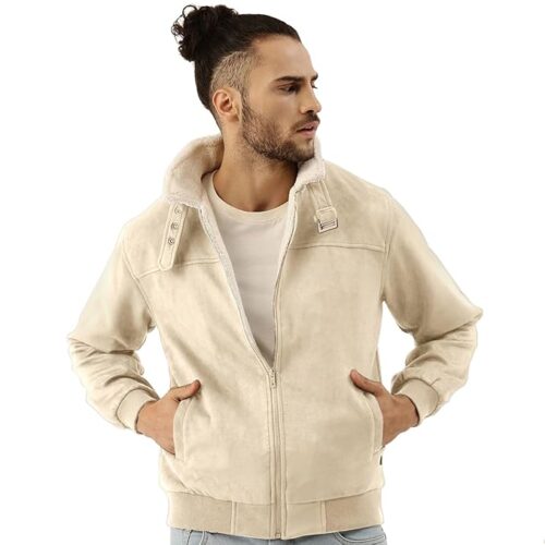 Campus Sutra Men's Front Zipper Jacket With Fleece For Casual Wear | Long Sleeve | High Neck | Zipper Closure | Suede Jacket Crafted With Comfort Fit For Everyday Wear