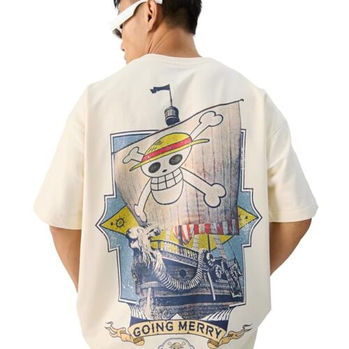 The Souled Store Official One Piece: Going Merry Men and Boys Short Sleeve Round Neck White Graphic Printed Cotton Oversized T-Shirts